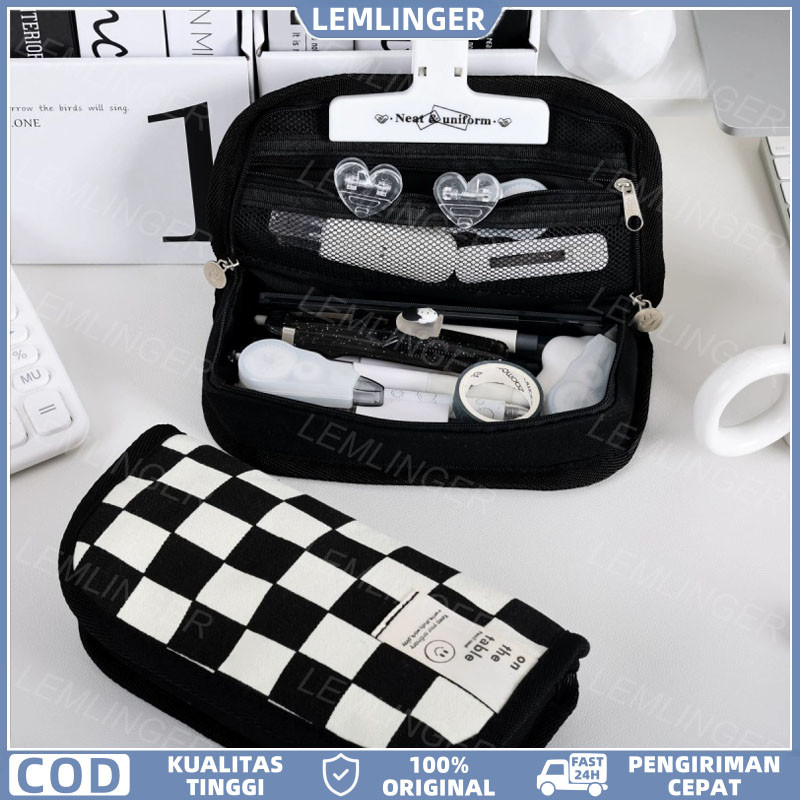 

【LEMLINGER】tempat Pensil Alat Tulis Jepang Berkapasitas Besar Perlengkapan Sekolah Tempat / Kotak Pensil Kotak-kotak Hitam Putih Berkapasitas Besar