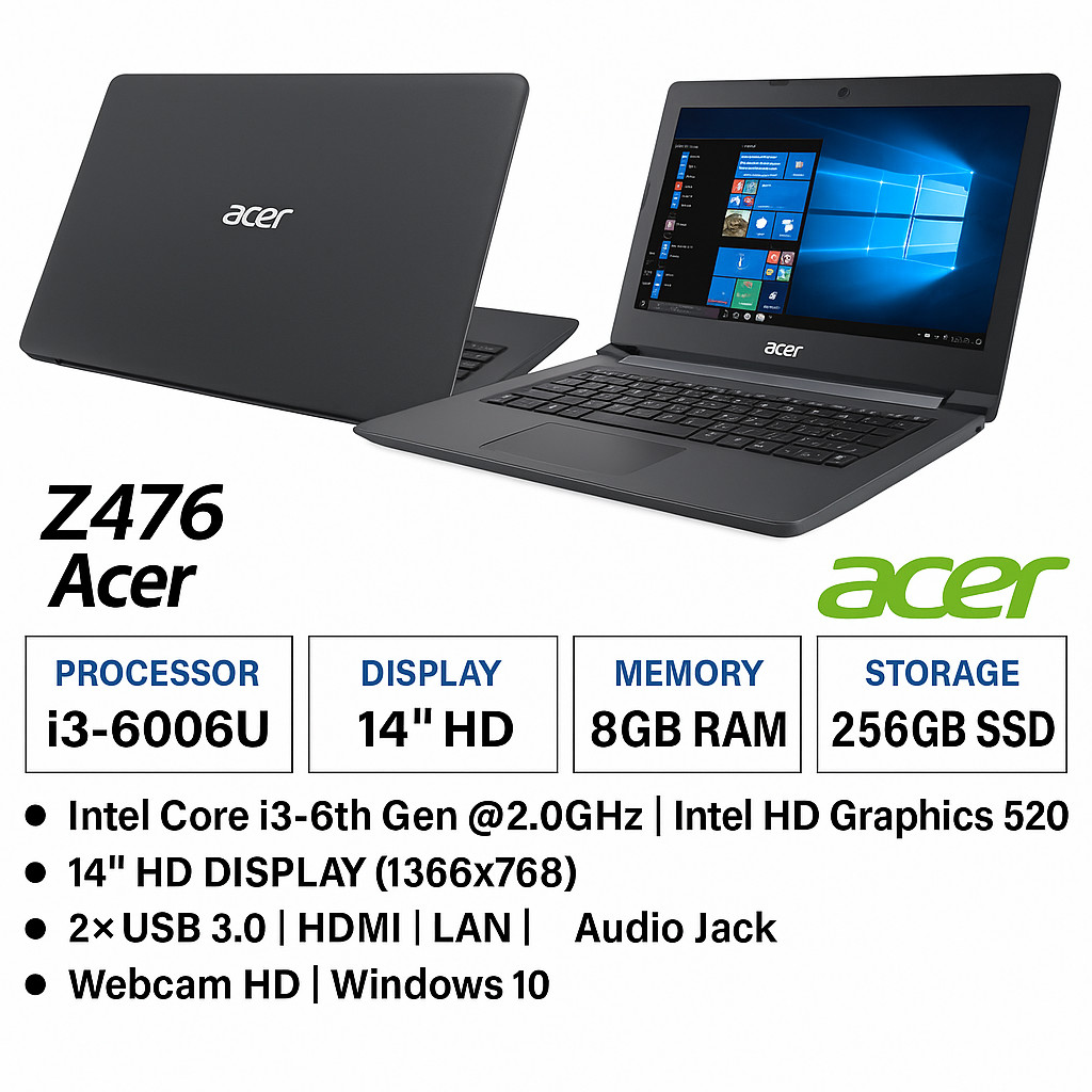 Acer Z476 Core i3 6th Gen 14" HD Laptop – 8GB RAM, 256GB SSD, Windows 10