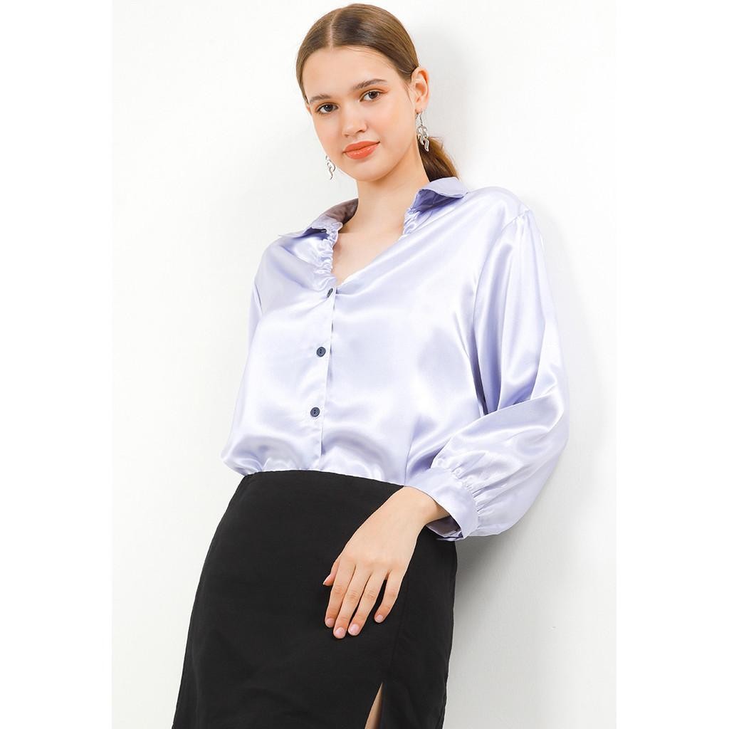 Blouse Satin Wanita Lengan Panjang Polos