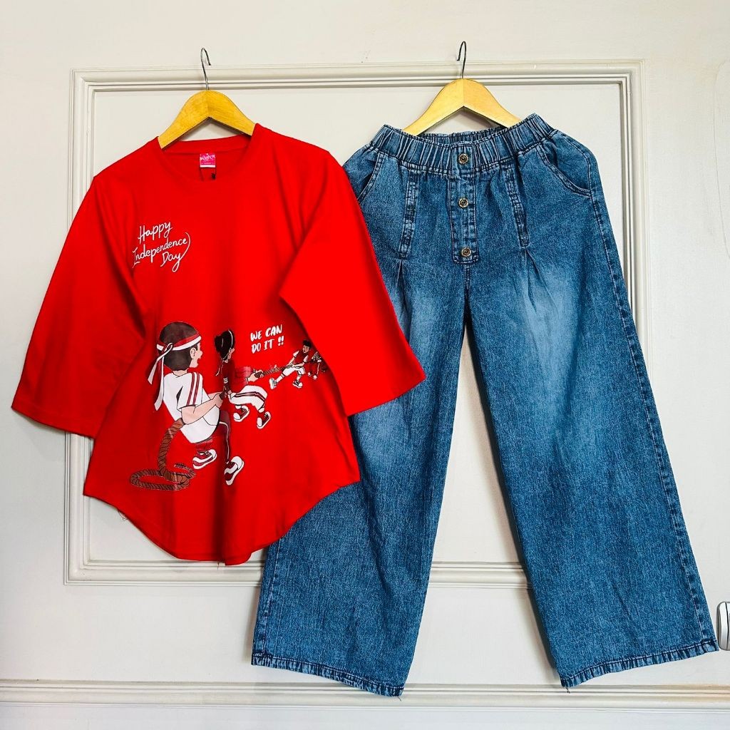USYSHOP Setelan Kulot Jeans Wanita Dewasa, Atasan Cotton Combed 20s, Celana Jeans Kulot Kancin KK, S