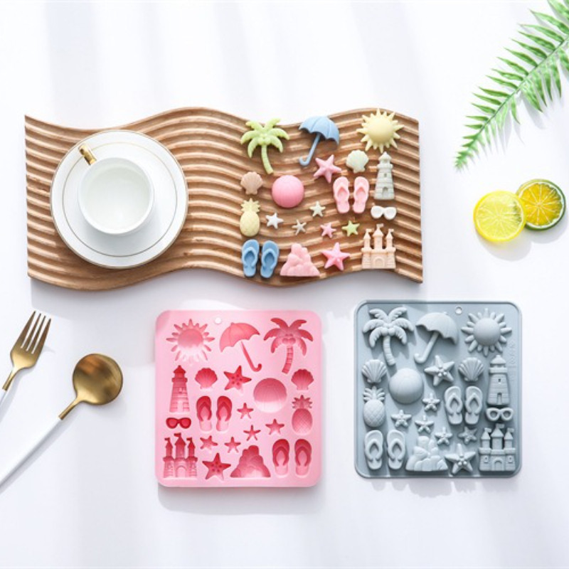 

22Holes 3D Beach summer theme Silicone Mold-Bow Leaf Jelly Ice Pudding Soap Mold Fondant Chocolate Cake Decorations Baking Tool
