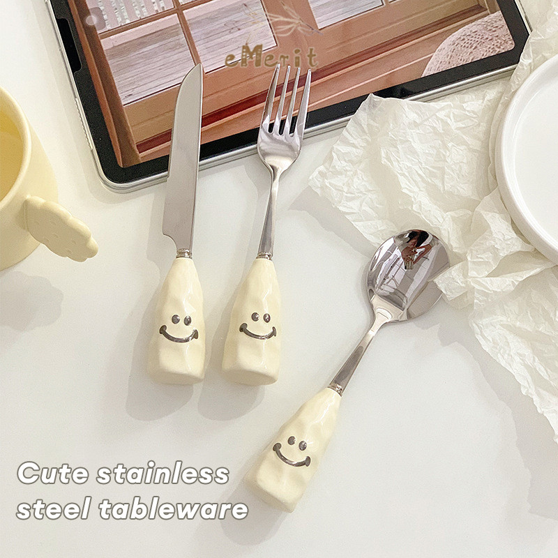 SMILEY CUTLERY SET (CERAMIC+SUS 304)/ Premium Ceramic Cutlery Set/Cute Cutlery Set/Korean Cutlery Se