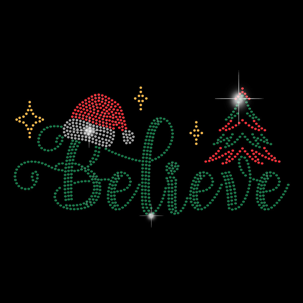 

Christmas Believe Iron on Rhinestones Heat Transfer Decal Christmas Tree T-Shirt Crystal Heat Transfer Bling Hot fix Rhinestone