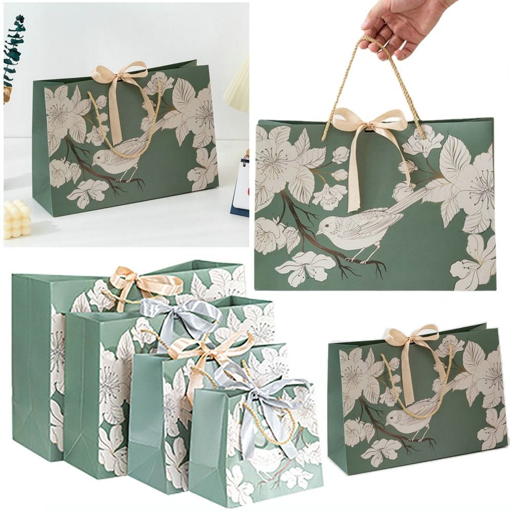 

Creative Green Handhold Paper Bag Luxury Thicken Printing Floral Bird with Ribbon High-quality Shopping Bag Shopping