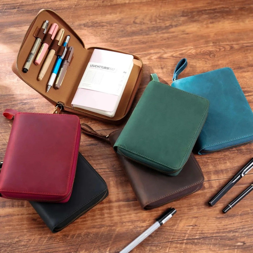 

Soft Leather A6 Notebook Cover with 5-Slot Pen Bag for Hobonichi/ Stalogy/ Midori Notebooks - Creative Journals Diary Stationery