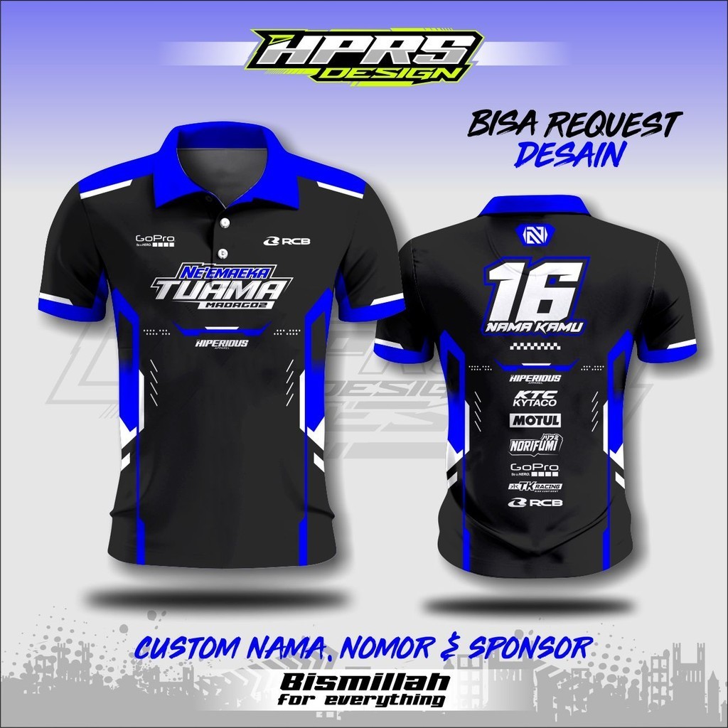 JERSEY RACING KERAH CUSTOM NAMA NOMOR SPONSOR FULL PRINTING JERSEY BALAP WARNA BIRU HITAM BAHAN ADEM