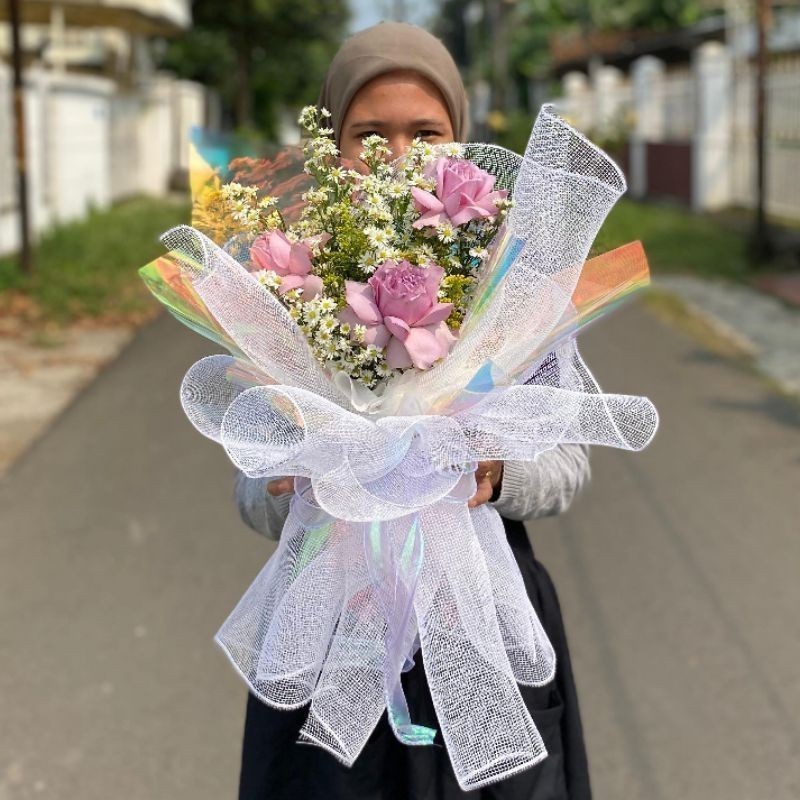 (MULAI KIRIM 7 APRIL)Summerlove (Bunga Segar Asli) Viola korean bouquet buket bunga hologram mawar u