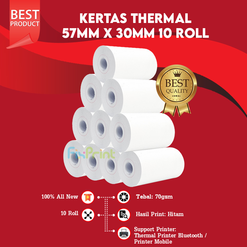 

Kertas Thermal 57mm x 30mm untuk Printer 58mm Struk Kasir Coreless 5 Roll 10 Roll 15 Roll