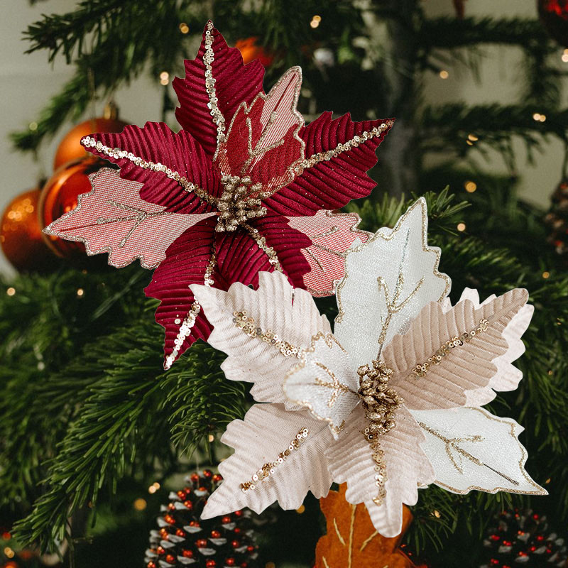 

25cm Artificial Christmas Flower Fake Flowers Xmas Tree Hanging Ornaments Home Wedding New Year Party Decoration Gift