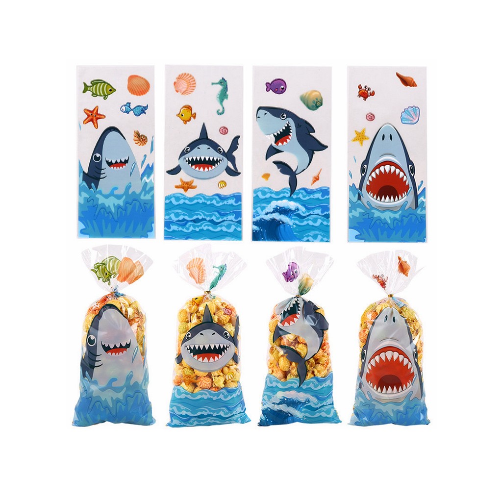

50pcs Cute Cartoon Shark Head Transparent Opp Bag, Ocean Animals Printed Gift Candy Packaging Strip Flat Bags With Gold Ribbon