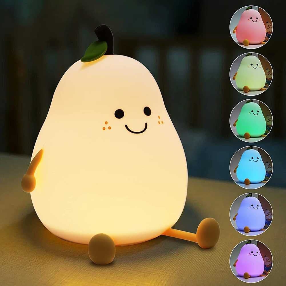 

Night Lights for Kids Pear Shaped Cute Silicone Nightlight 7 Colors Dimmable Night Lamp USB Charging for Bedroom Bedside Room