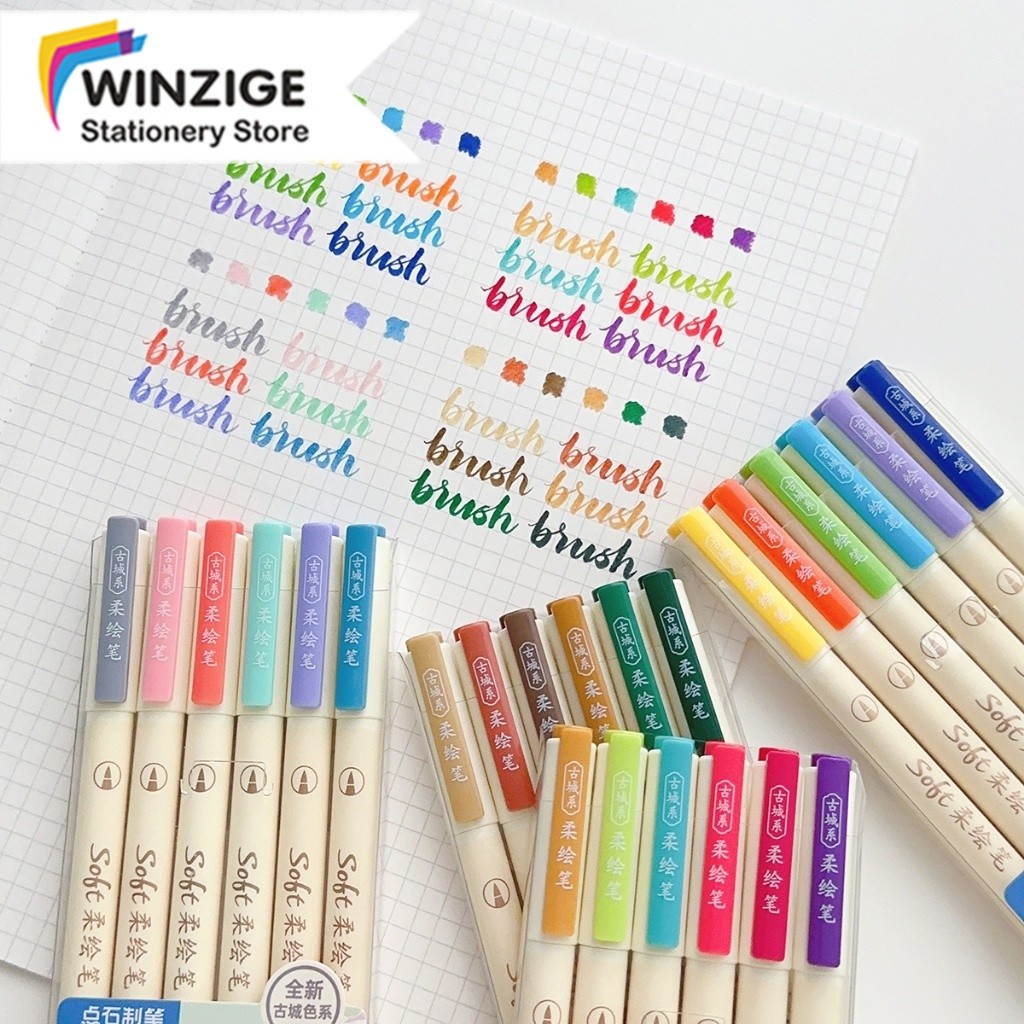 

Winzige Set 6 Pcs Soft Brush Pen Calligraphy Pen Aesthetic Vintage Brush Lettering Pen Warna Warni Brush Marker Pena Kuas Warna Pulpen Pena Kaligrafi Coloring Markers