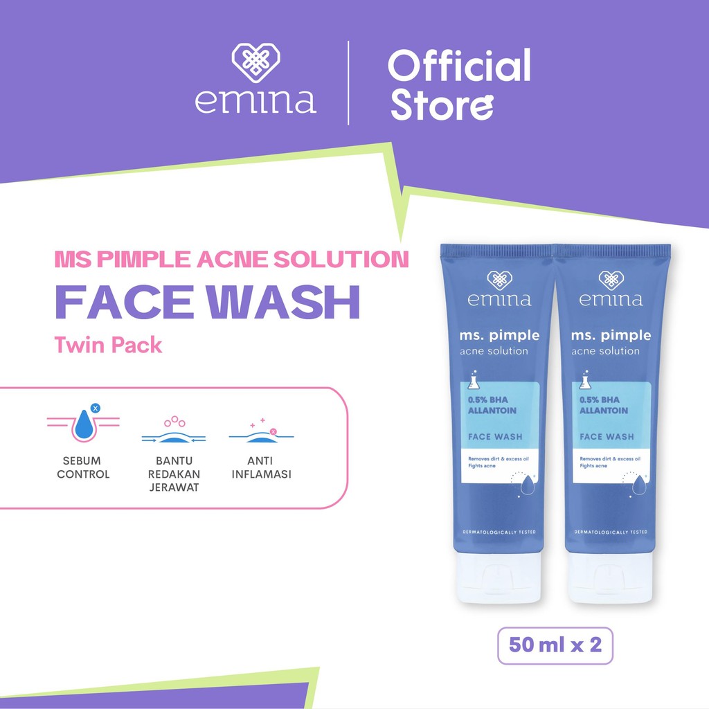 Emina Ms. Pimple Acne Solution Face Wash 50 mL Twin Pack - Paket Perawatan Sabun Muka Solusi Atasi J