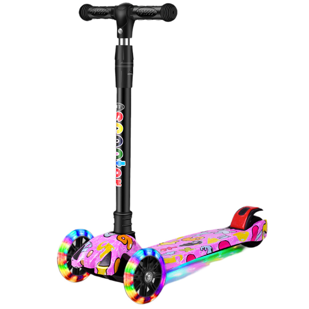 Foldable Children's One-Pedal Three-Wheel Kick Scooter With Wheel Glitter Folding Kickboard Adjustab