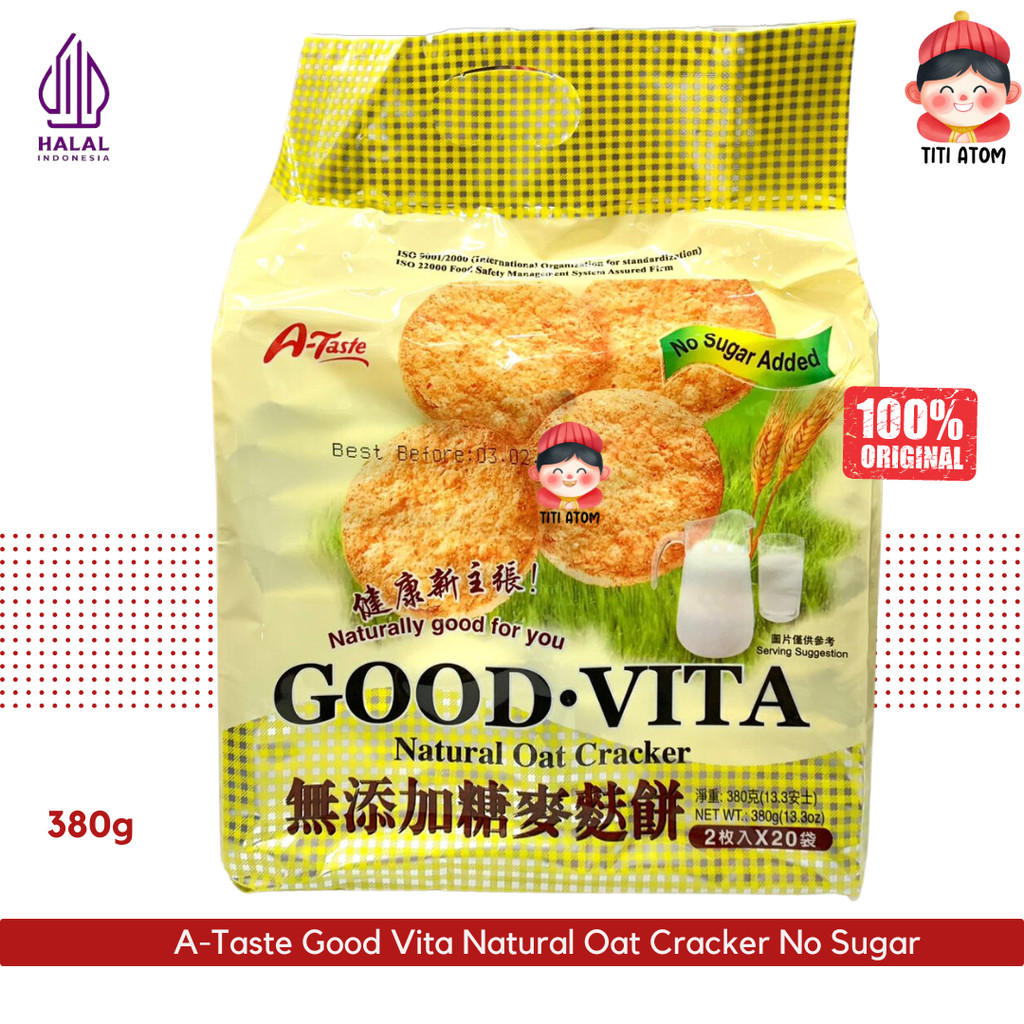 

A-Taste Good Vita Natural Oat Cracker No Sugar Tanpa Gula Tidak Manis Biscuit Snack Gandum Oat Malaysia 380g 20x19g (2pcs/pack)450