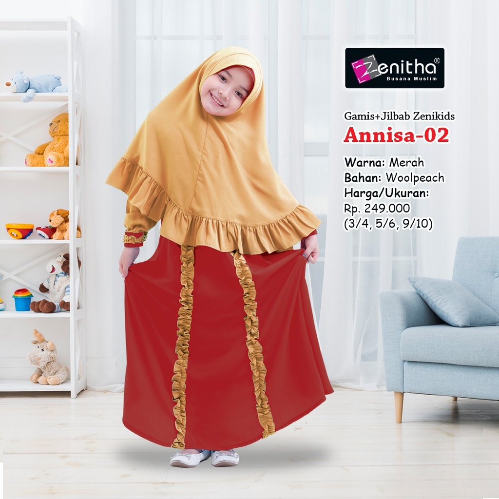 Zenitha Annisa 02 Gamis Anak Perempuan Bahan Woolpeach Merah Pink Set Hijab Baju Ngaji Daily Cute