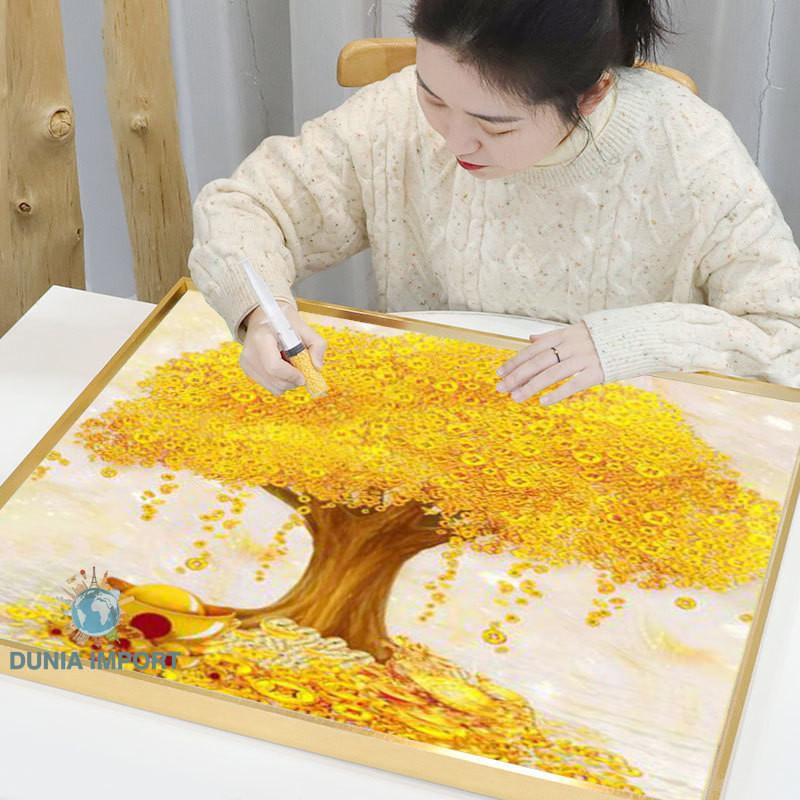 Lukisan Berlian 5d Baru 2024 Baru Penuh Berlian Ruang Tamu Stiker Pohon Uang Emas Stiker Batu Berlia