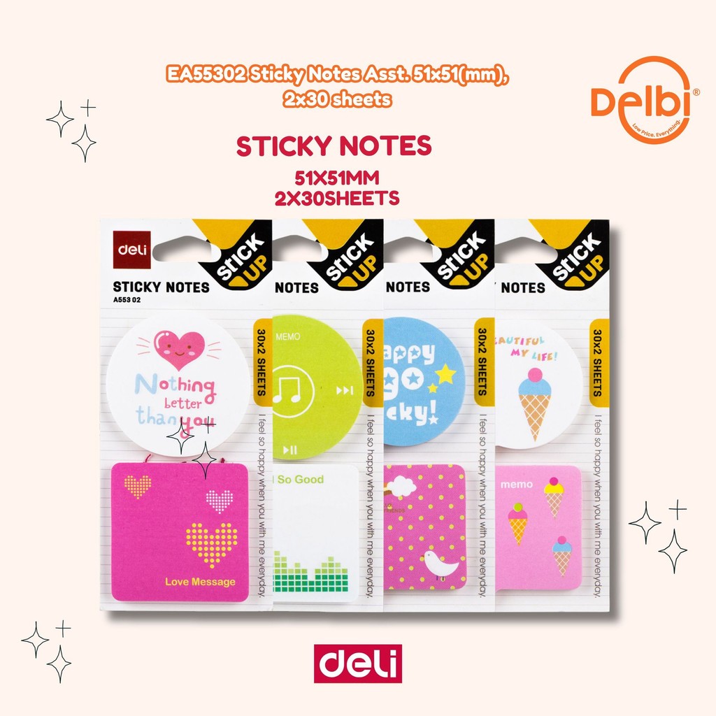

Deli Memo tempel Sticky Notes 2x30lembar 4 Warna Neon EA55302 EA55302 Sticky Notes Asst. 51x51(mm), 2x30 sheets