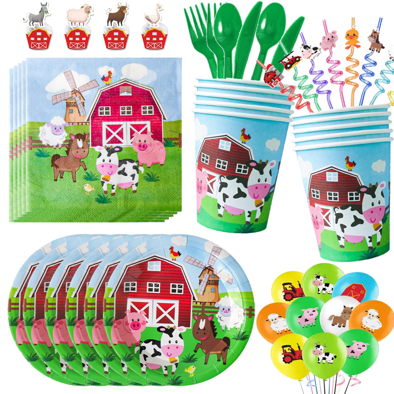 

Farm Animals Birthday Decorations Party Supplies Cartoon Animals Theme Tableware Balloons Cups Plates Decor Kit Backdrop Supply