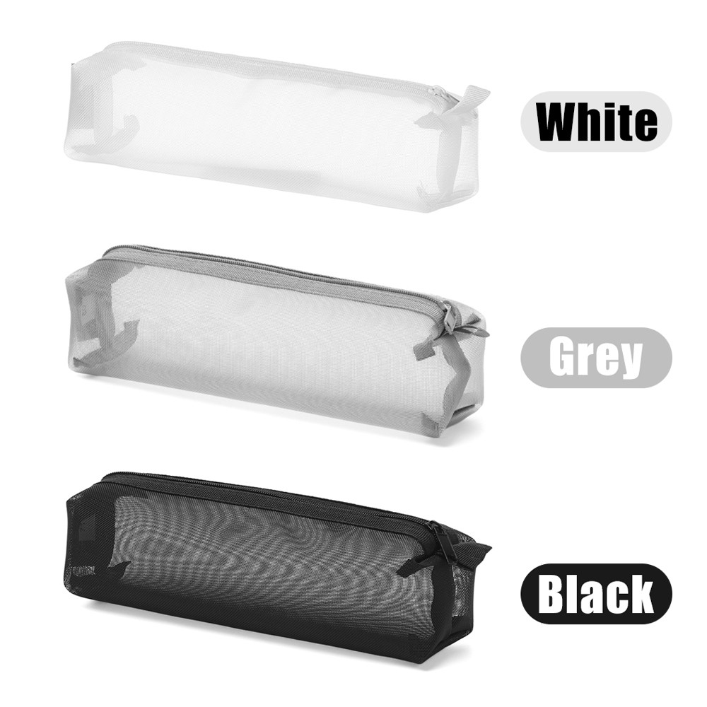 

Black/White Simple Transparent Grid Zipper Pencil Case Solid Color Cosmetic Storage Nylon Mesh Pen Bag Stationery Storage Tool