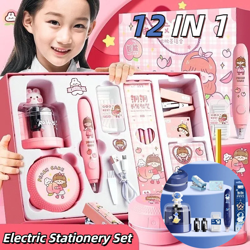 

12 IN 1 Electric Stationery Set / Set Alat Tulis Elektronik Rautan Penghapus Vacuum Pencil /Set Alat Tulis Elektronik Belajar Anak Perempuan Kado