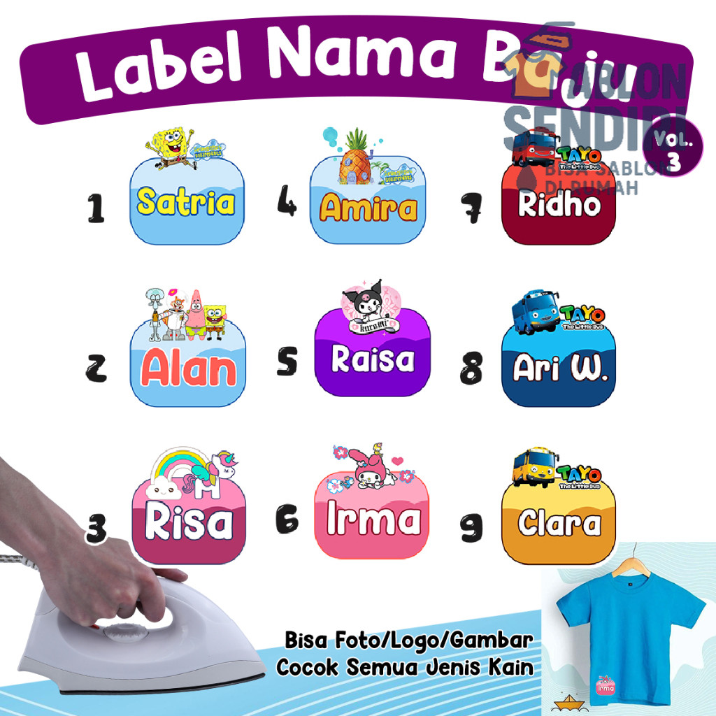 

STIKER BAJU NAMA CUSTOM - Vol.3 Persegi 21pcs / Stiker Kain Kaos Karakter Lucu/ Sablon Setrika