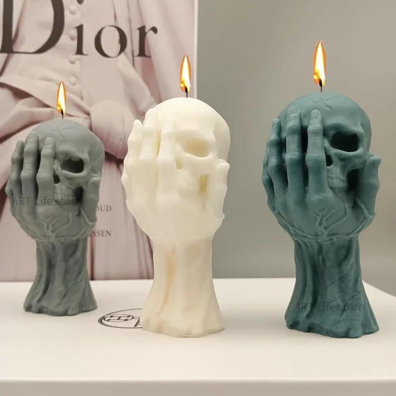 

New Handheld Skull Silicone Candle Mold for Halloween Decorative Crafts Ghost Head Plaster Soap Epoxy Making Tools Party Gifts