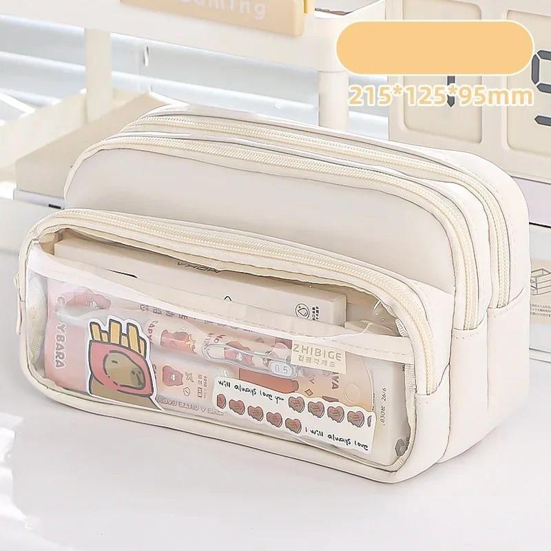 

Chic Solid Color Pencil Case Korean Simplicity Transparent Pen Pouch Large Capacity Stationery Organizer Bag School Supplies