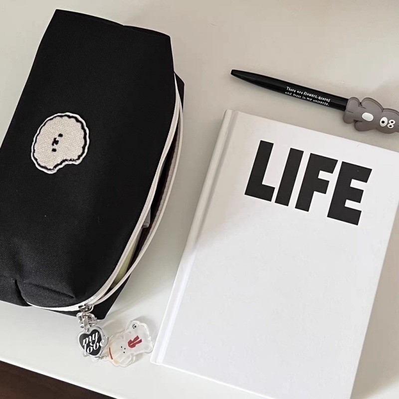 

Black Puppy Pen Bag Canvas Pencil Case Student Pouch Cartoon Stationery Bag Stationery Organizer For Teen School Supplies