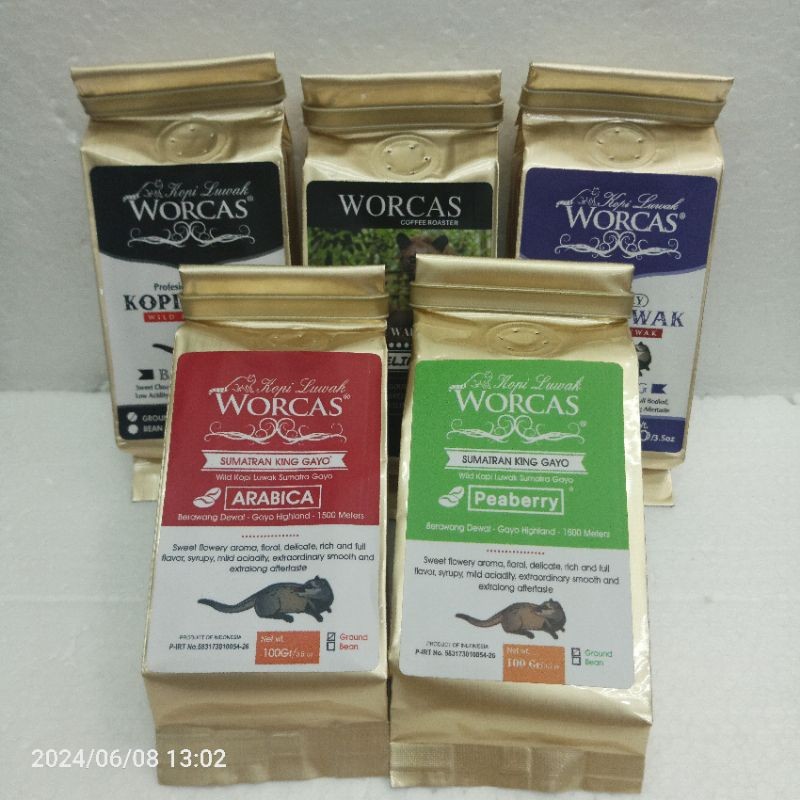 

WORCAS BALI KING, SUMATRA KING GAYO ARABICA, MANDHELING KING, NONBOX 100 GR, ORIGINAL WILD LUWAK COFFEE INDONESIA