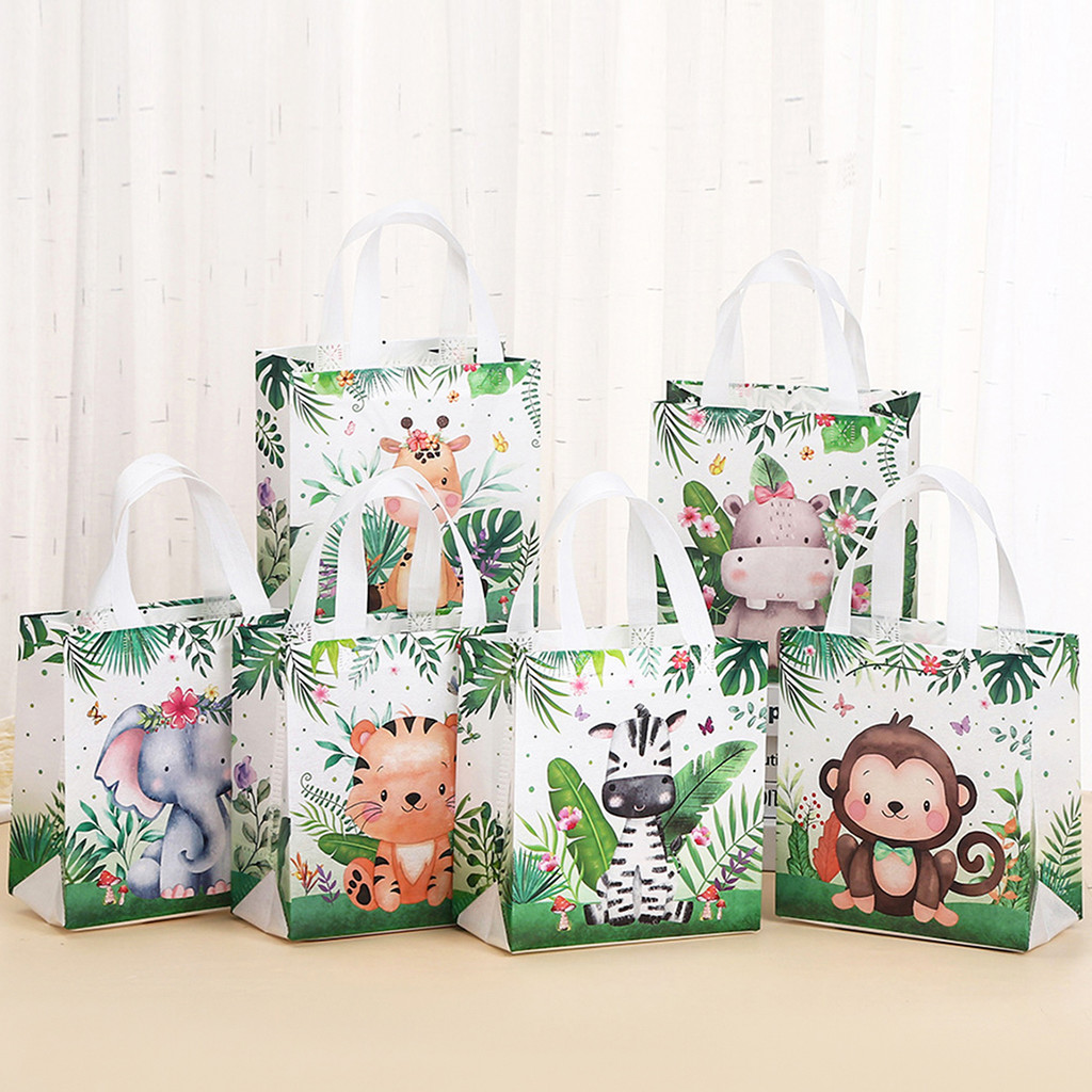 

Jungle Animal Party Favor Bags Non Woven Jungle Safari Goodie Treat Bags for Kid Safari Themed Party Birthday Baby Shower Decor