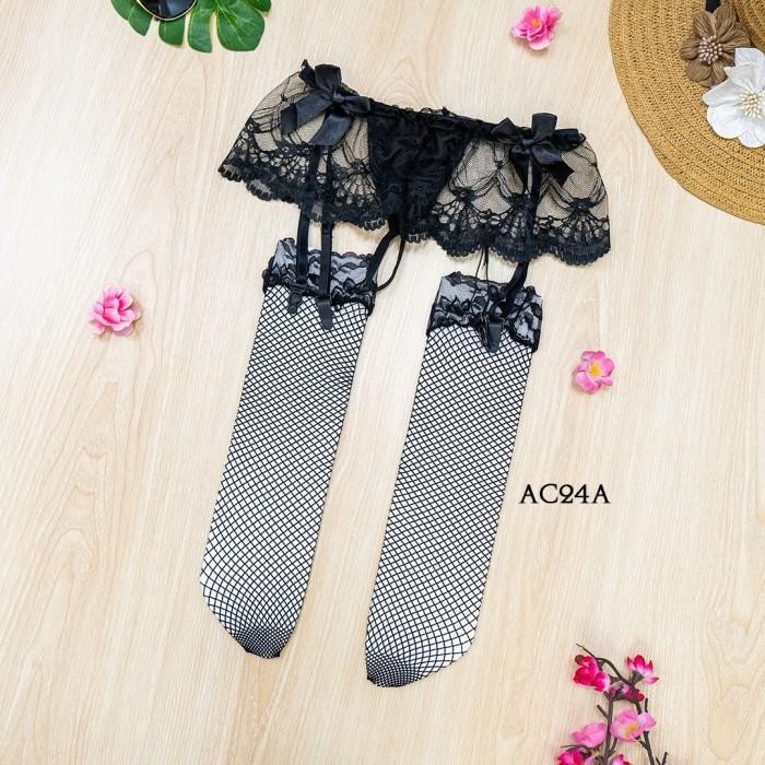 Garter Belt Set Stocking Jaring Wanita Seksi Transparant Hitam AC24A