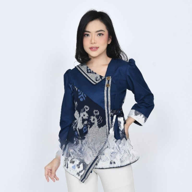 Baju Atasan Blouse Batik Tenun Wanita Etnik Modern Terbaru - Kemeja Kantor Batik Tenun Wanita - Blus
