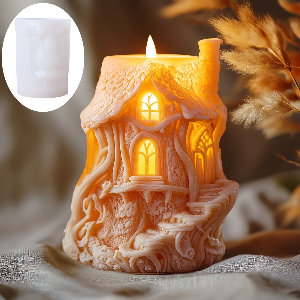

3D DIY Magic Cube House Candle Silicone Mold Elf Tree House Candle Mold Funny Castle Chimney House Resin Concrete Gypsum Mold