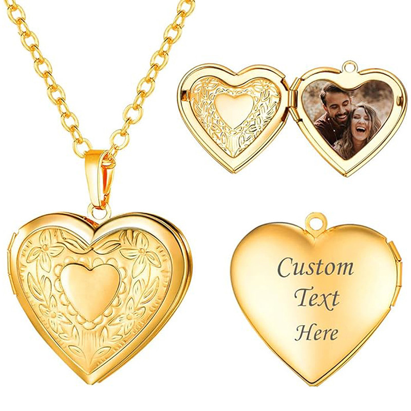 Personalized Locket Necklace Custom Photo Text Heart Necklace Engraved Name Stainless Steel Heart Sh