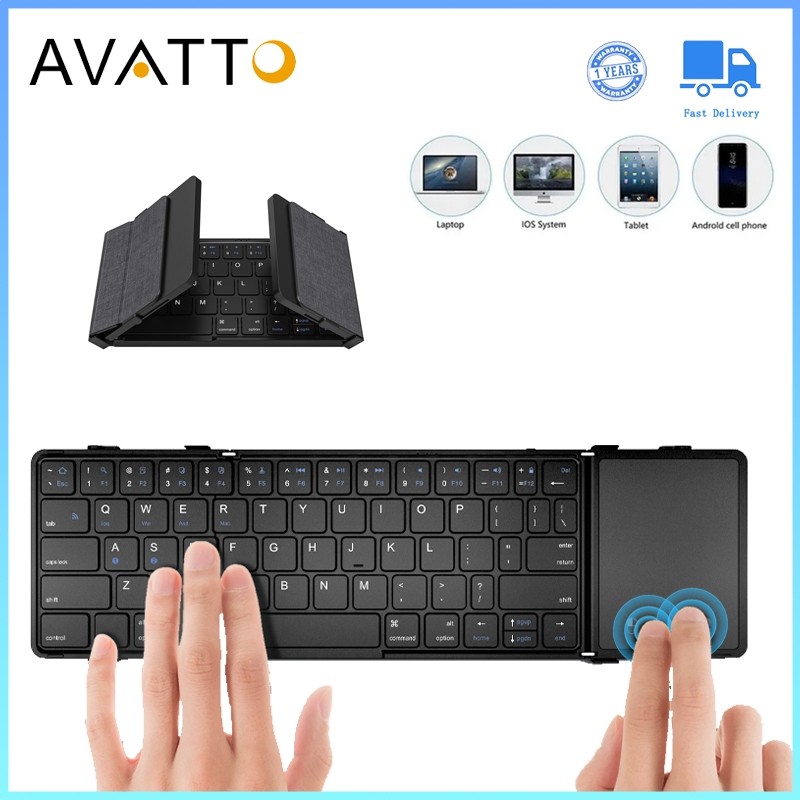 AVATTO Keyboard Bluetooth Lipat Mini Portabel Keyboard Lipat Nirkabel Keyboard Lipat 3-in-1