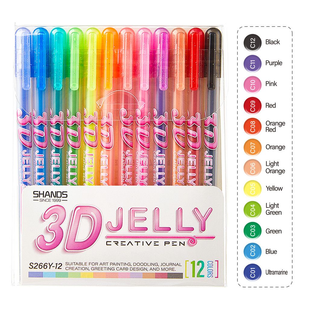 

SHANDS 12PCS 3D Jelly Gel Pens Set, 1.0mm Bold Tip, Vibrant Ink, Quick-Dry & Smooth for Drawing, Journaling & Back to School