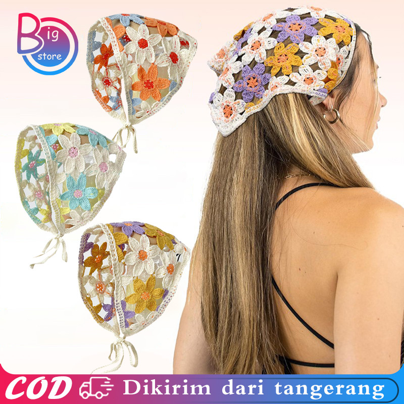 Bando Bandana Korea Bunga Vintage Bandana Rajut Segitiga Ikat Kepala Segitiga Untuk Fotografi Luar R