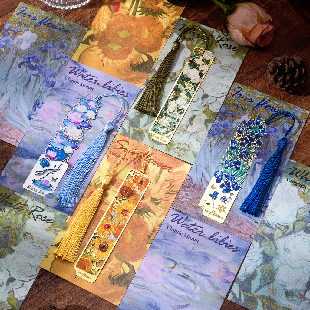 

4 Pieces Metal Bookmarks with Tassel, Golden Hollow Bookmark Van Gogh Oil Painting Theme Book Mark Bookmarks for Book Lovers