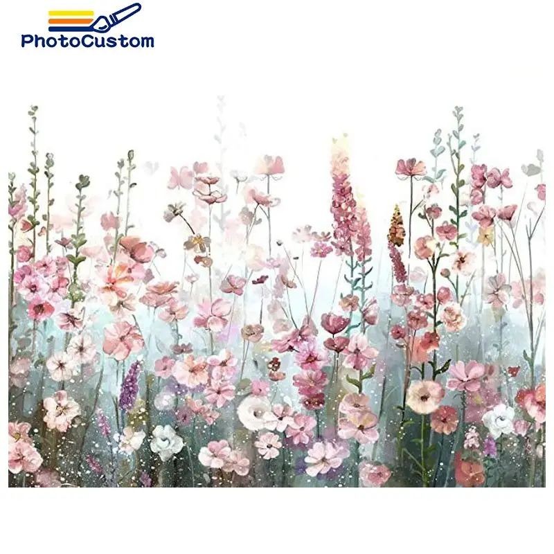 

PhotoCustom Painting By Number Flower Kits Handpainted Picture pink Flower Drawing On Canvas Home Decoration DIY Gift 50x65cm
