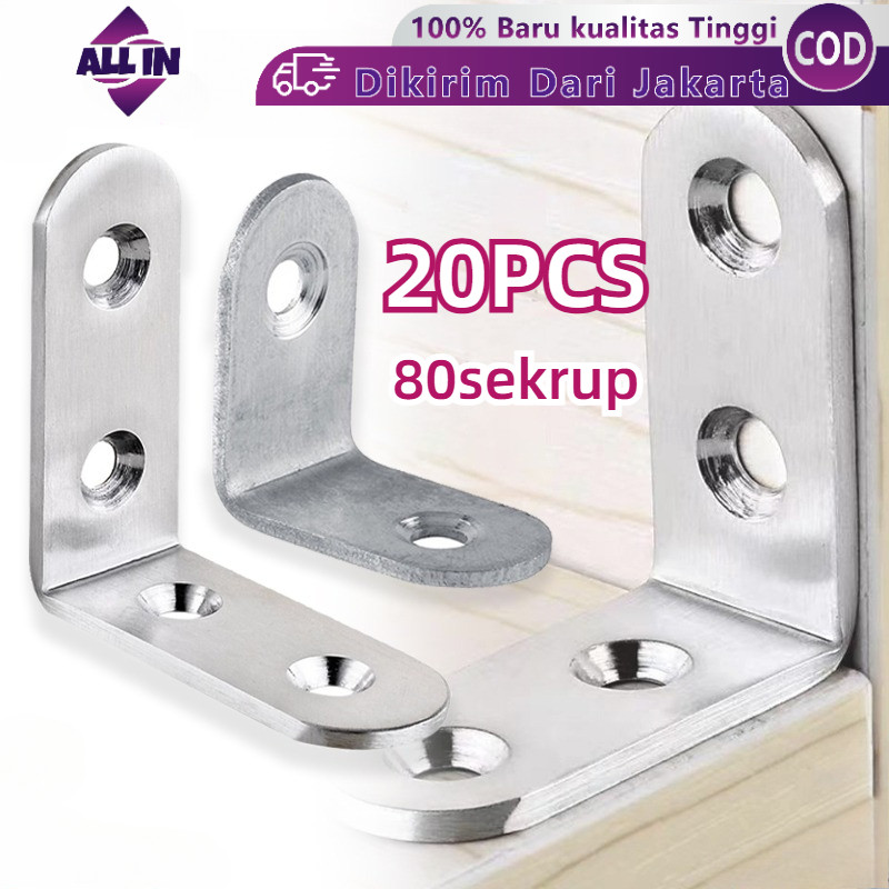 20pcs Siku L Stainless Steel/Plat Siku L /Bracket Siku Penyangga Rak/Siku Rak Verseng Dengan Sekrup