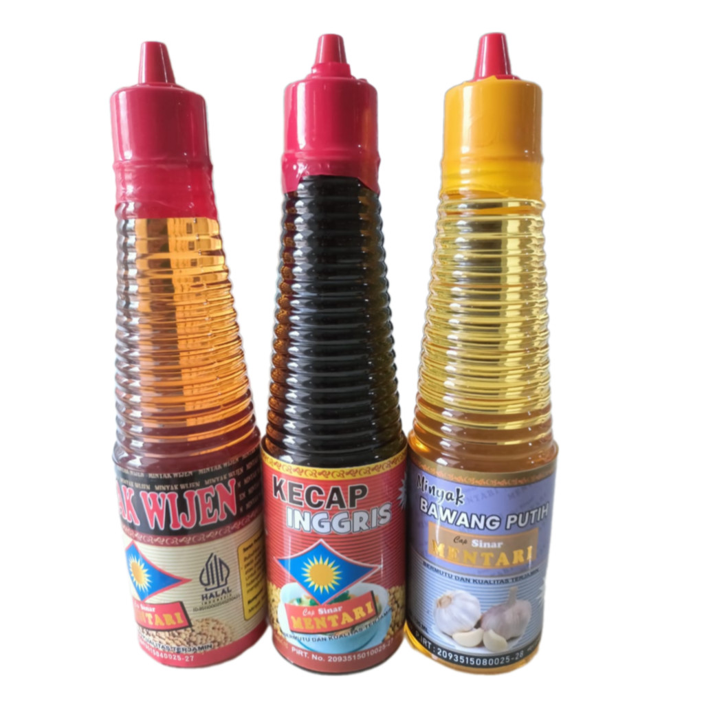 

Paket Hemat Isi 3 Botol Cap Sinar Mentari 150 ml - (Minyak Wijen, Kecap Inggris, Minyak Bawang Putih)