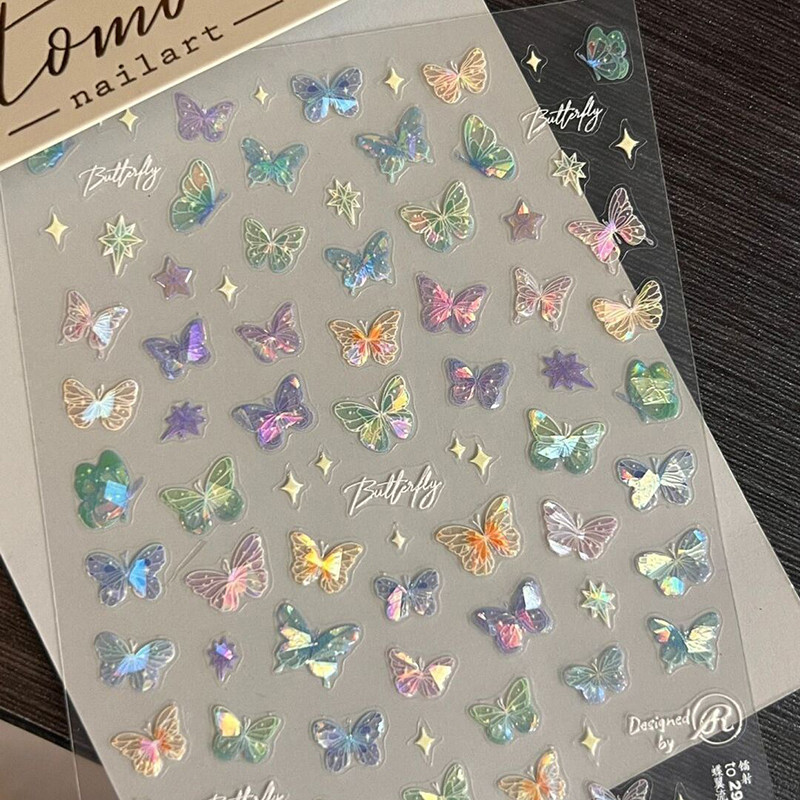 

1/5set Fashion Butterfly Wing Streamer Laser Stickers Advanced Embossed Nail Art Stickers Colorful Butterfly Fairy Stickers