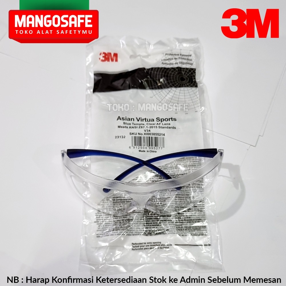 Kacamata Safety Proyek 3M Asian Virtua Sport 10434 Clear Anti Fog & Anti UV Protection / Kaca Mata T