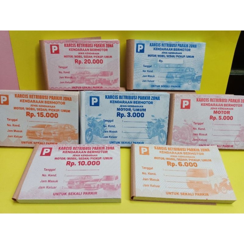

KARCIS PARKIR MOTOR/MOBIL/TRUK/BUS NOMINAL 2 RB,3 RB, 5 RB,6 RB,7RB,10 RB ,20 RB