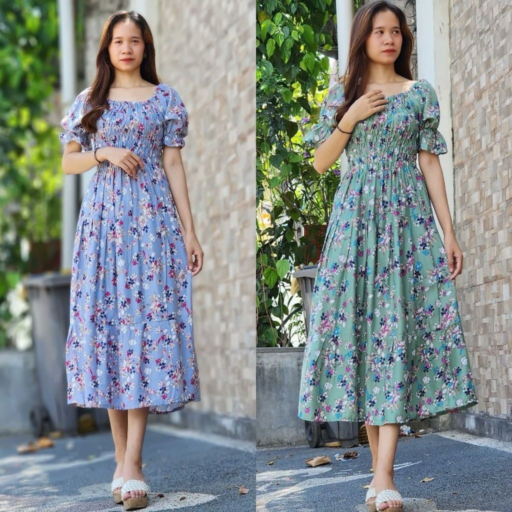 BHO - ZPF DRESS BALI MOTIF FLOWER WANITA TAYA / Long Dress Canda Double Ruffle / Dress Pesta Wanita 