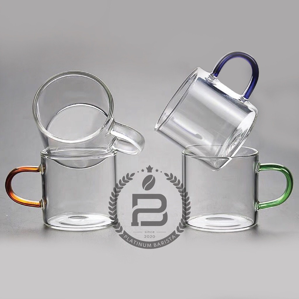 Tea Cup Borosilicate Mini 100ml Cangkir Gelas Teh Kecil Kaca Pegangan Warna Warni Cantik