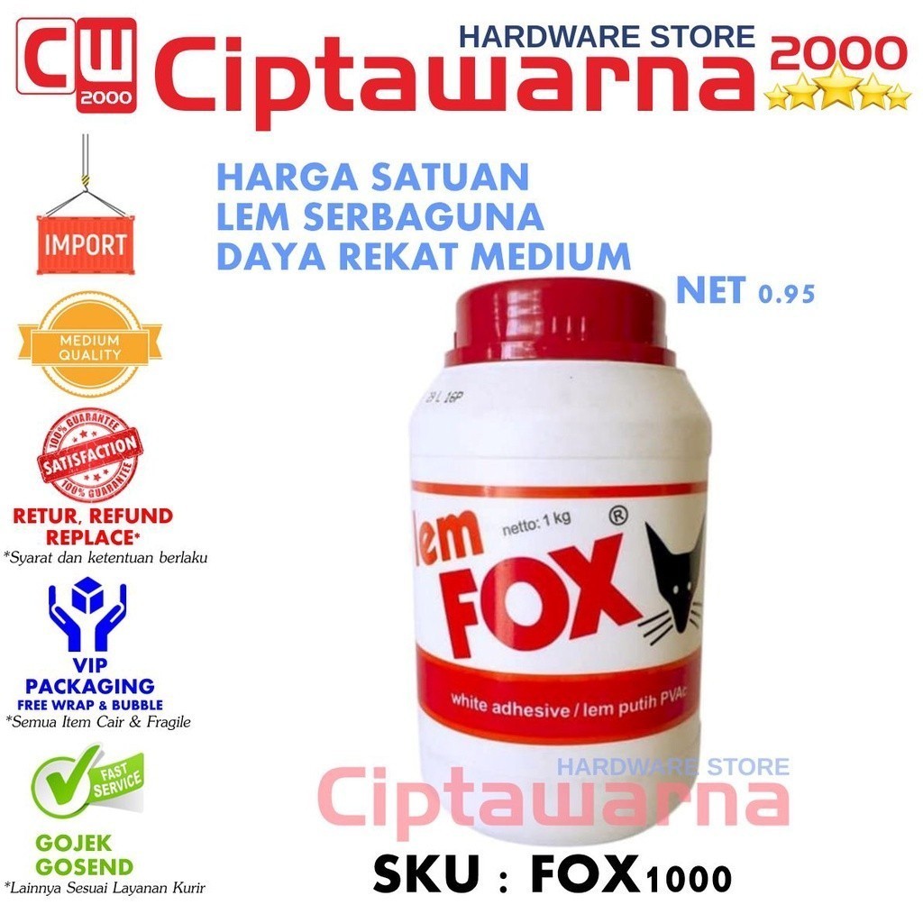 

Lem Fox Perekat Kayu Plamir Serbaguna PVAC ukuran 1000 Gram