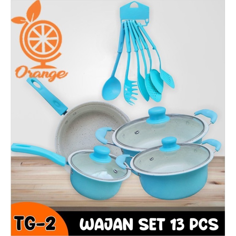 Panci Set Teflon Marble 13 pcs Cookware Set Tutup Kaca merk orange - tosca