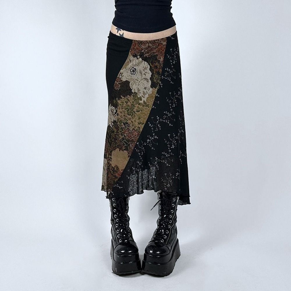 All-Match Floral Print Long Midi Skirt Vintage Lettuce Trim A-Line Maxi Skirt Ruffle Elastic Retro C